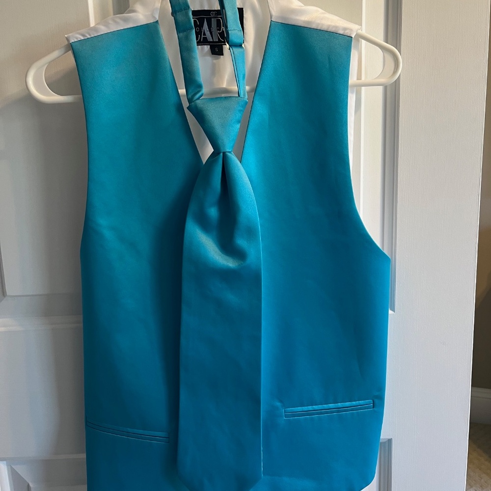 Cardi Collection Turquoise Vest and Tie, Size Small